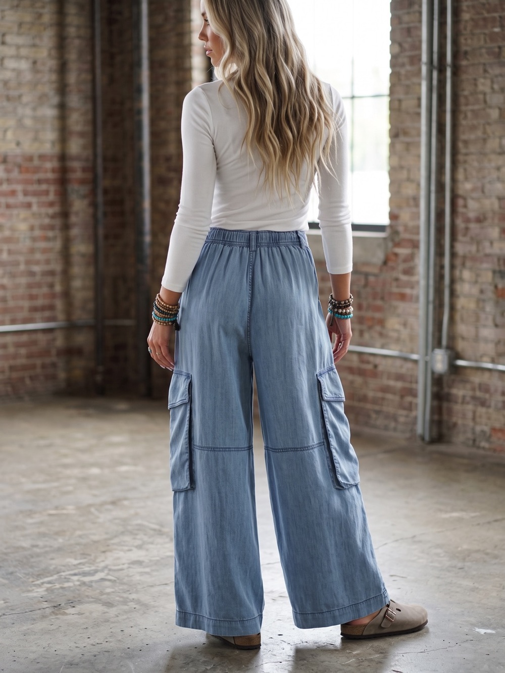NWT Easel Chambray Denim Cargo Pants Wide Leg Baggy Fit - Picture 4 of 9